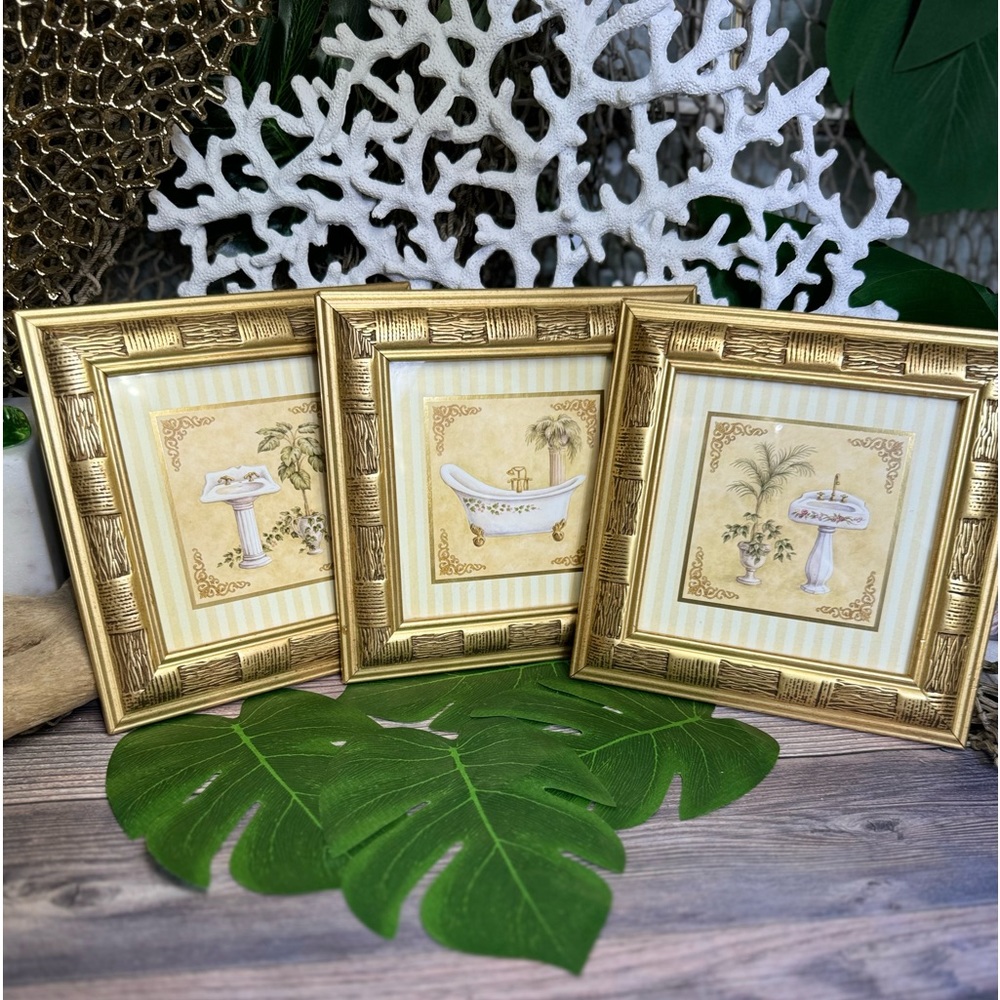 3 VINTAGE GOLD FRAMED PALM TREE NAUTICAL COASTAL BATHROOM PICTURES Bundle Bamboo